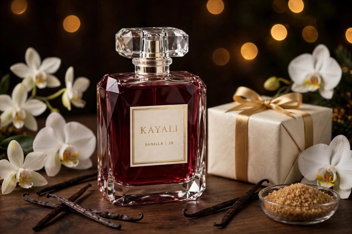 Kayali Vanilla 28 perfume bottle beside an elegantly wrapped gift box with orchids and vanilla pods