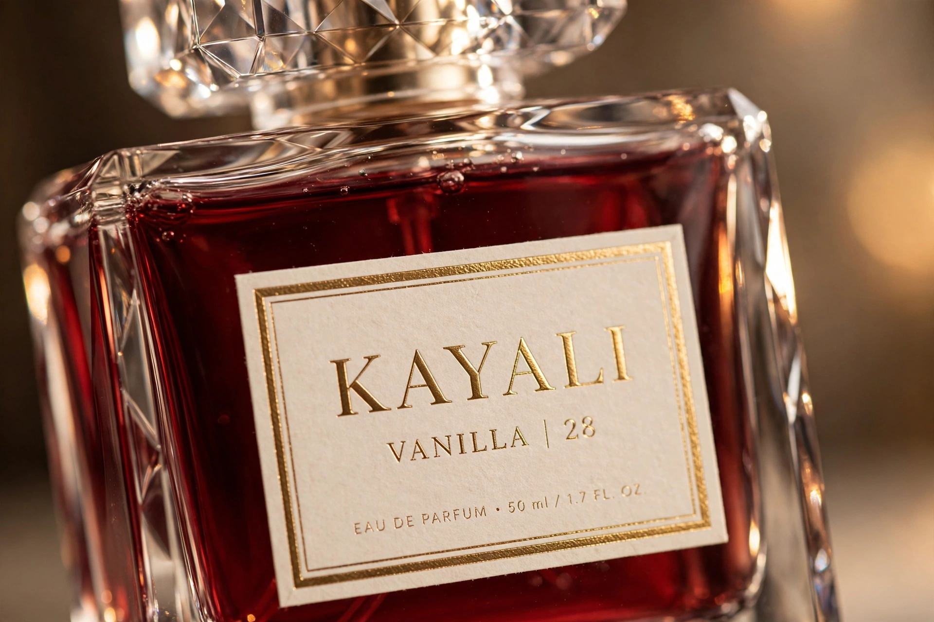 Close-up of authentic Kayali Vanilla 28 gold-bordered label