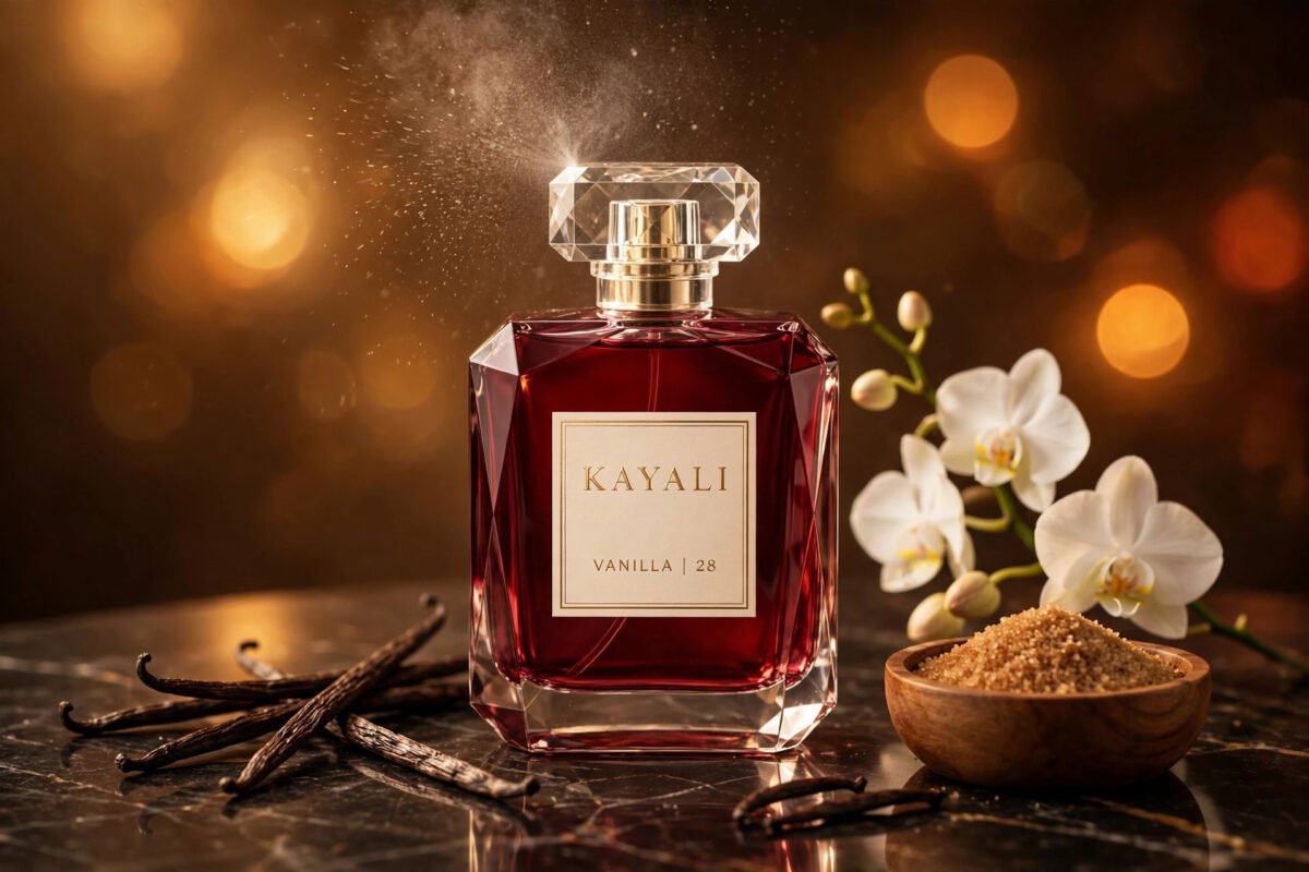 Kayali Vanilla 28 perfume bottle with vanilla orchids