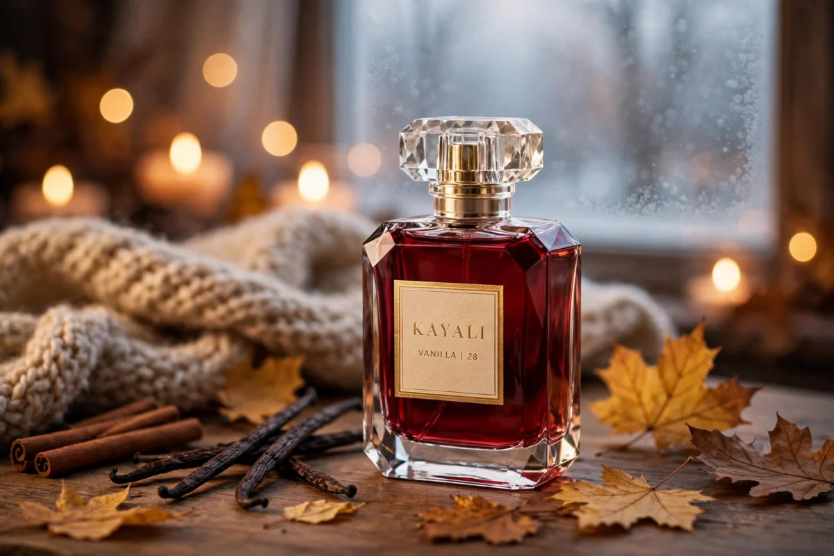 Kayali Vanilla 28 perfume bottle in a cozy autumn scene with vanilla pods, cinnamon and fall leaves