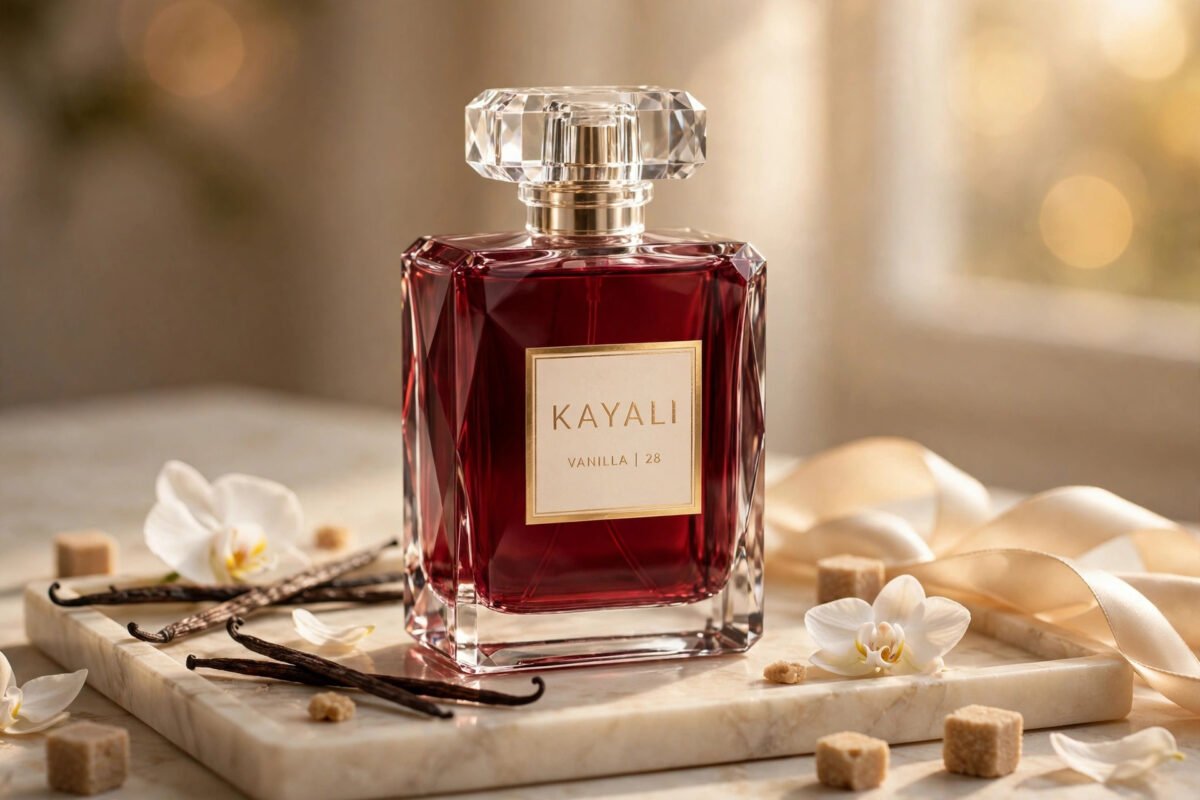Kayali Vanilla 28 perfume bottle with vanilla pods, orchids and brown sugar.