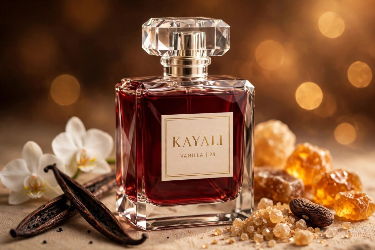 Kayali Vanilla 28 perfume bottle with vanilla beans, orchid blossoms, brown sugar and amber — fragrance notes explained