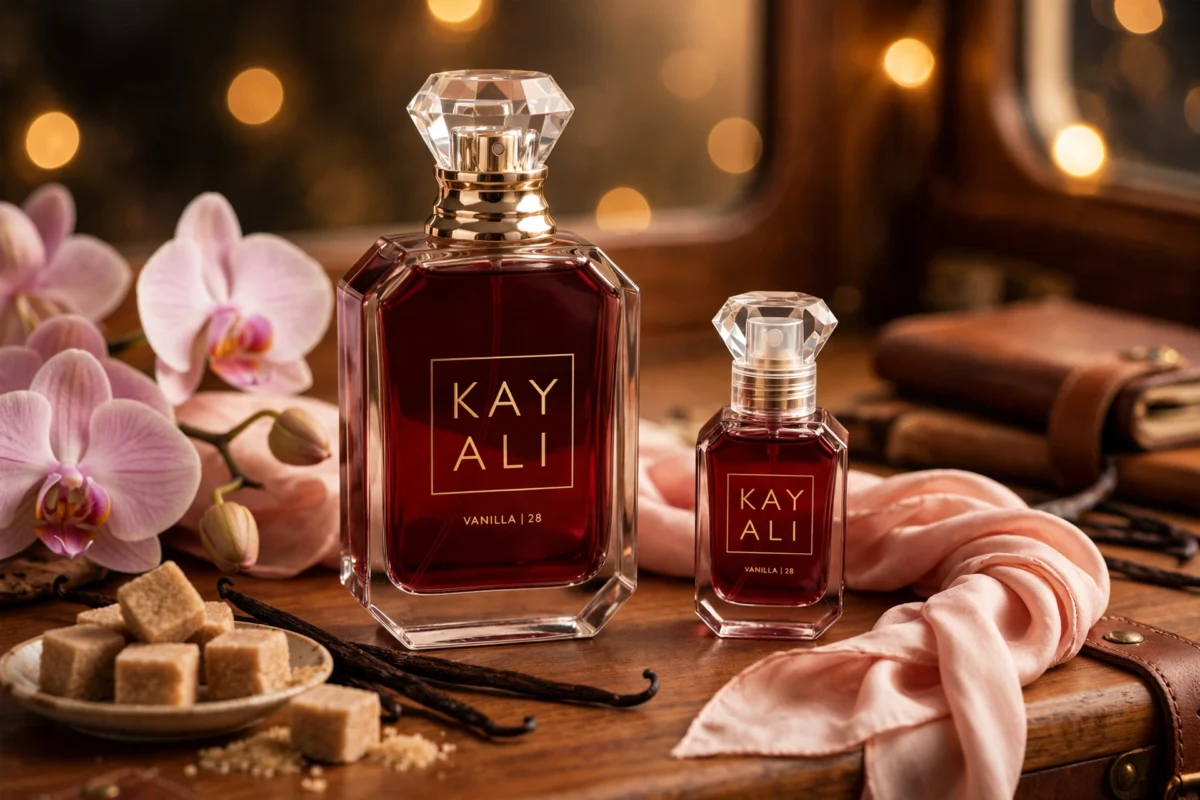 Kayali Vanilla 28 travel spray and full bottle side by side with vanilla pods, orchids and brown sugar